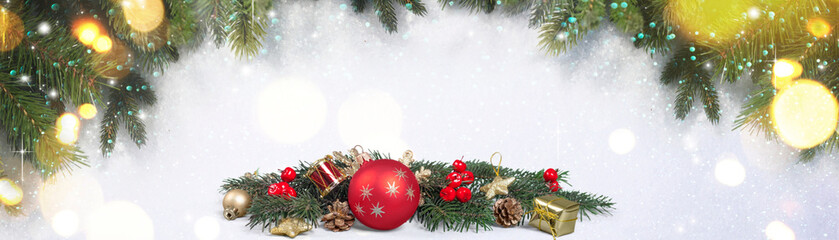 A festive Christmas design featuring a beautiful background with holiday decorations, perfect for banners. The design includes Christmas trees, lights, ornaments, and a cheerful atmosphere.