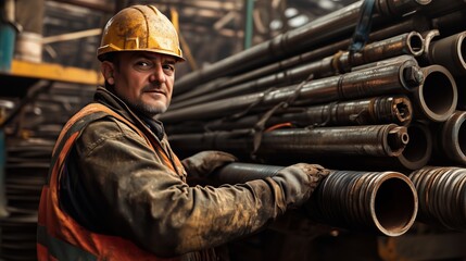 Fototapeta premium A construction worker actively interacting with steel pipes.