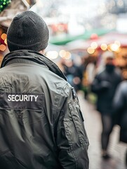 Male security guard in a beanie overseeing a festive market scene with twinkling lights.