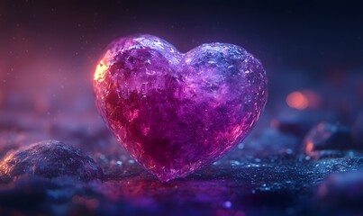 A glowing, faceted crystal heart sits on rocks.