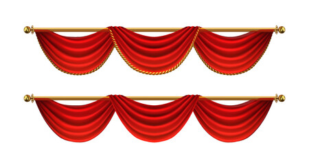 3d realistic vector icon illustration. Red velvet theater curtains with golden elements. Isolated on white background. © Real Vector