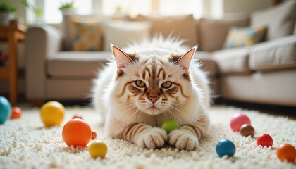 Fluffy cat playing with colorful balls on a cozy living room carpet.