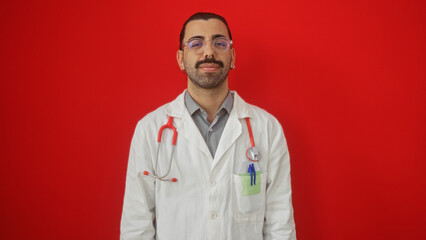 Young hispanic man with moustache wearing white doctor's coat and stethoscope against a vibrant red background