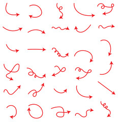 Simple Hand-Drawn Arrow Set Red Vector. Hand drawn thin line arrows set. Many vector curvy and wavy arrows isolated on white background. Isolated vector arrows, hand drawn 
