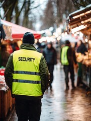 Male security guard in neon vest monitors bustling market atmosphere.