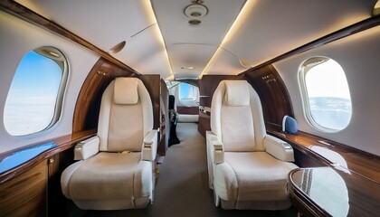 The interior of a premium business class or private plane. Spacious and luxurious seating arrangement