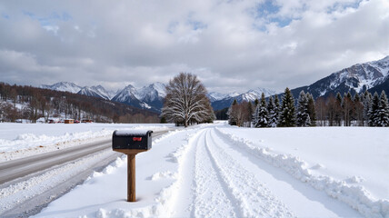 Fototapeta premium Snowy road with a mailbox and mountains in winter