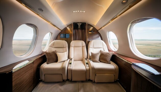 The interior of a premium business class or private plane. Spacious and luxurious seating arrangement