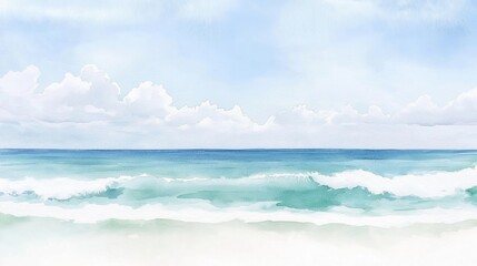 Tranquil ocean scene shows soft waves gently crashing on sandy shore under clear sky with fluffy clouds. Calm atmosphere of summer day. Peaceful coastal scenery with gentle flow of water. Artwork