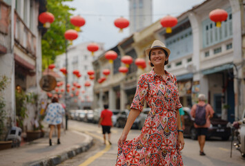 Young woman in ethnic dress and hat exploring the festive streets of George Town, Malaysia, during Chinese New Year. Vibrant lanterns, cultural celebrations, and historic charm create a unique atmosph