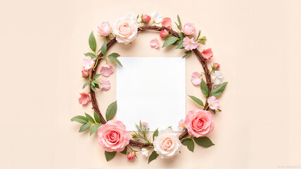 Pink rose wreath on a pastel background