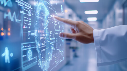 Doctor Hand Holographic Display Health Statistics in Hospital