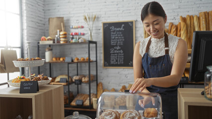 Young chinese woman working in a bakery shop arranging pastries behind the counter in an inviting indoor setting in china