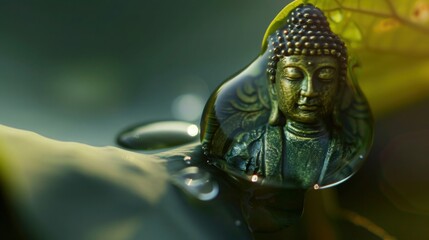 Obraz premium Buddha statue reflected in a drop of water on a lotus leaf telephoto lens realistic bright lighting --ar 16:9 --v 6 Job ID: b5856360-4865-44c2-b194-ce37a22f3eac
