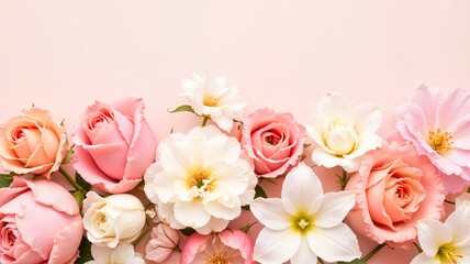 Roses and daisies bouquet on a light pastel background