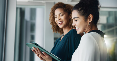 Women, tablet and teamwork on profit in office, budget plan and online for economy research....