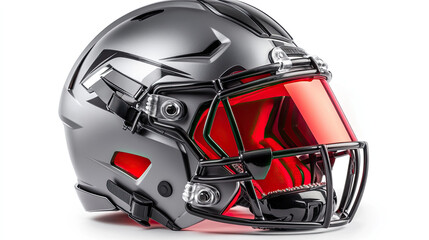 Fototapeta premium Grey American football helmet with red visor on white background.