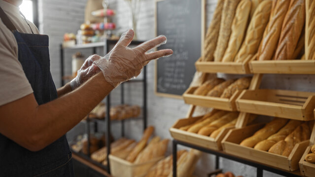Young man wearing gloves in a bakery shop preparing to handle fresh bread, with shelves of various bread loaves in the background and a chalkboard menu on the wall