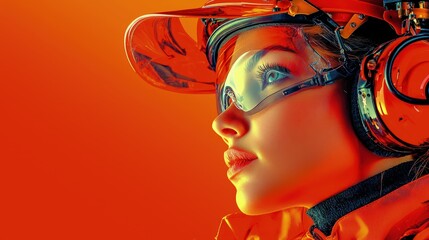 Obraz premium A female industrial worker wearing an orange hard hat, protective goggles, and earmuffs looks forward against a vibrant orange background.