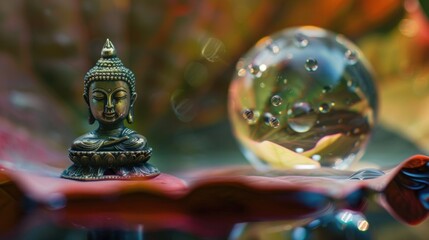 Fototapeta premium Buddha statue reflected in a drop of water on a lotus leaf telephoto lens realistic bright lighting --ar 16:9 --v 6 Job ID: fbcda0f4-301c-4c48-938f-ec5b0785fcd8