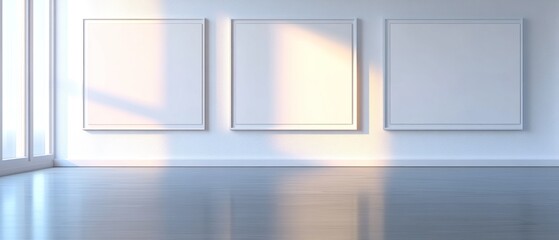 Fototapeta premium Modern Minimalist Interior with Three Blank Frames and Sunlight