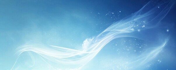 Abstract soft white flow on a blue gradient background with light particles