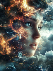 Woman surrounded by cosmic elements and timepieces