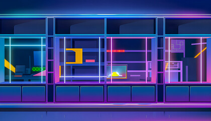 Fototapeta premium a neon glow-lit room with vibrant lighting illuminates sleek bookshelves, creating the perfect atmosphere for gaming, featuring a stylish, modern design for a dynamic and immersive experience