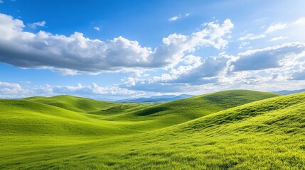Fototapeta premium A picturesque view of rolling green hills under a bright blue sky with fluffy white clouds.