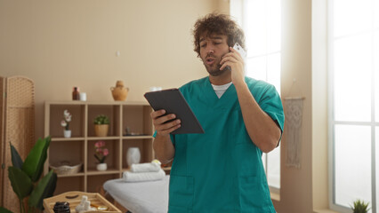 Fototapeta premium Young man in green scrubs talking on phone and holding tablet in wellness spa room with massage table in background