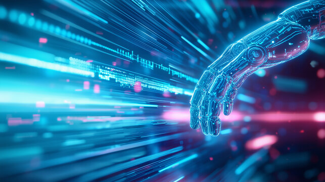 Futuristic AI Holographic Interface with Robotic Arm Collaboration