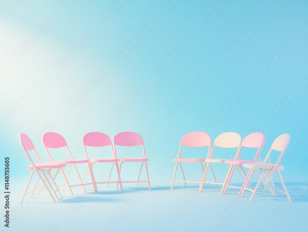Poster pastel minimalism empty chairs in symmetric circle under soft light