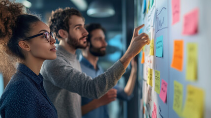 Marketing team collaborating in an office, utilizing kanban methodology during a productive strategic planning meeting