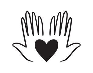 heart in palms of hands doodle hand drawn icon. Love Relationship concept outline drawing hands and heart line clipart symbol