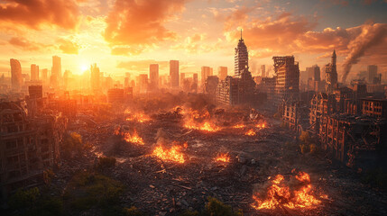 post-apocalyptic cityscape showcasing destroyed buildings, burning rubble, and a polluted environment, symbolizing chaos, devastation, and the collapse of civilization in a dystopian world