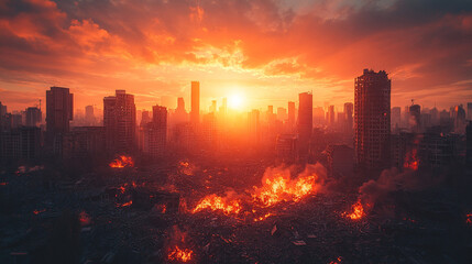 Fototapeta premium post-apocalyptic cityscape showcasing destroyed buildings, burning rubble, and a polluted environment, symbolizing chaos, devastation, and the collapse of civilization in a dystopian world