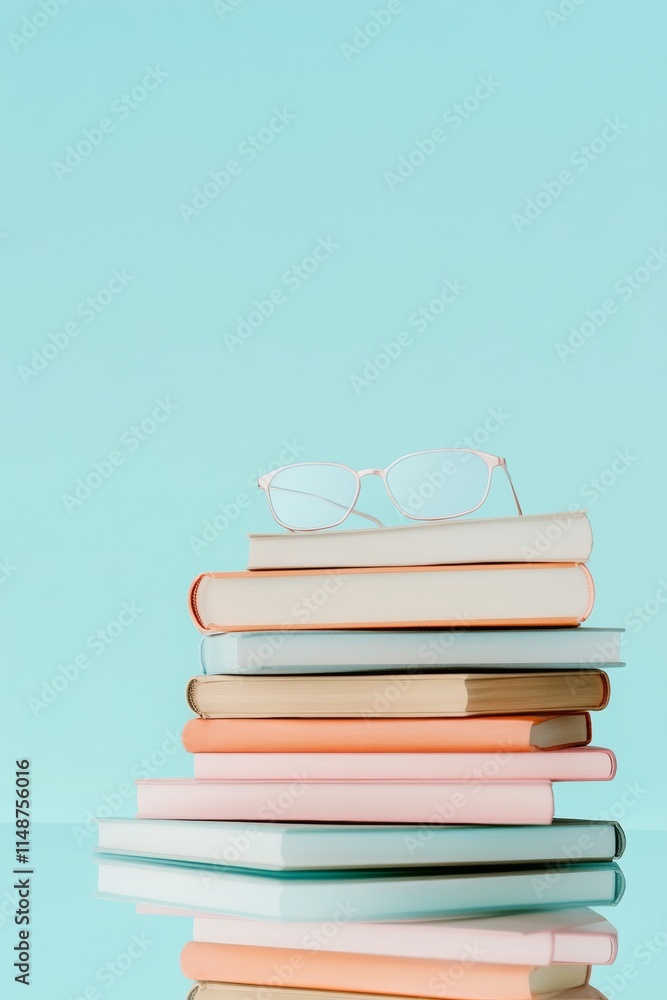 Poster simple elegance softly lit stacks of books with reflection on glass surface