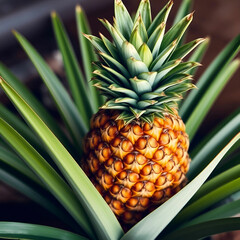 Obraz premium Ripe pineapple with green leaves