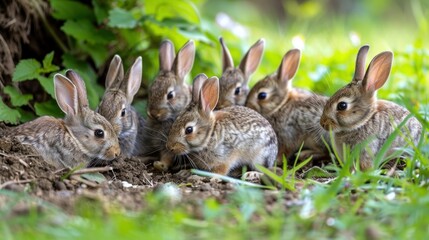 Fototapeta premium Group of babies of rabbit eating and playing close to his burrow ( Species Oryctolagus cuniculus.) telephoto lens realistic bright lighting --ar 16:9 --v 6 Job ID: e0762a60-868b-4e8d-9811-3de40b6166de