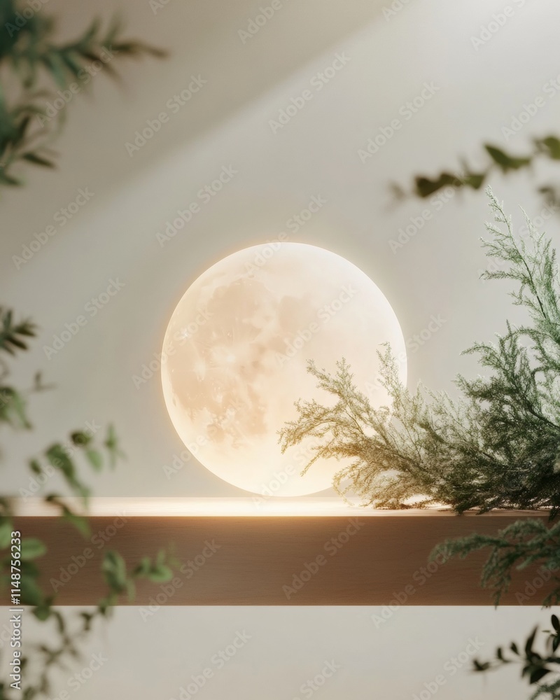 Poster moonlit shelf with soft glowing light and lush greenery - a dreamlike and surreal visual