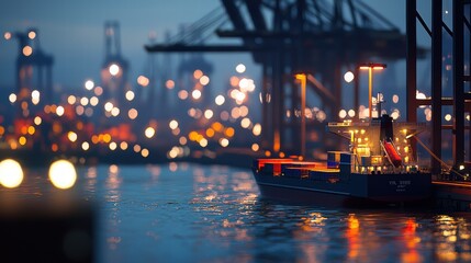Obraz premium Container ship docked at night, illuminated by city lights and port infrastructure.