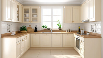 Fototapeta premium A modern kitchen designed with a warm beige and cream color palette, enhanced by natural stone countertops.