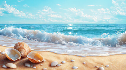 Beautiful seashells on a sandy beach at sunrise. A serene and idyllic image of seashells resting on a sandy beach, kissed by gentle waves.