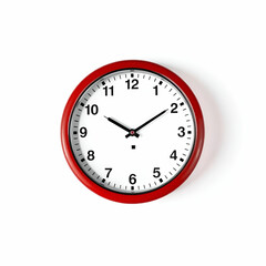 Round wall quartz clock in red color isolated on white background