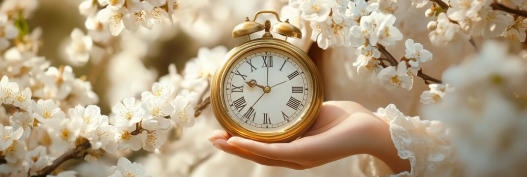 Daylight savings time change and reminder to spring forward concept with clock on light background with springtime flowers