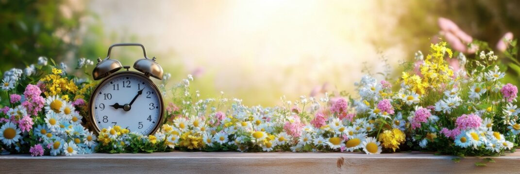 Daylight savings time change and reminder to spring forward concept with clock on light background with springtime flowers