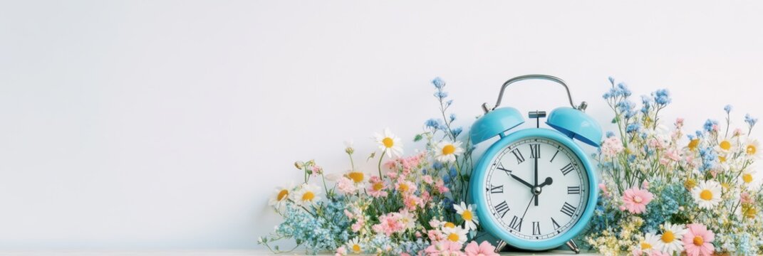 Daylight savings time change and reminder to spring forward concept with clock on light background with springtime flowers