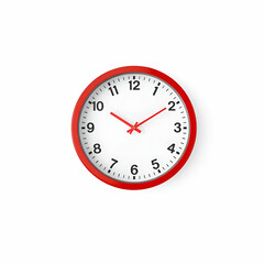 Round wall quartz clock in red color isolated on white background