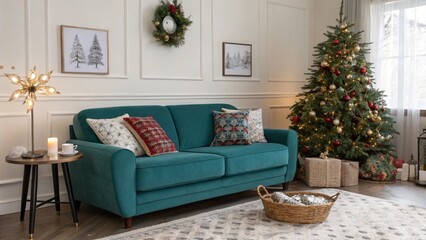 "A cozy living room adorned with festive Christmas decorations, featuring a plush teal sofa, a beautifully decorated Christmas tree, and warm lighting creating a cheerful holiday ambiance."
