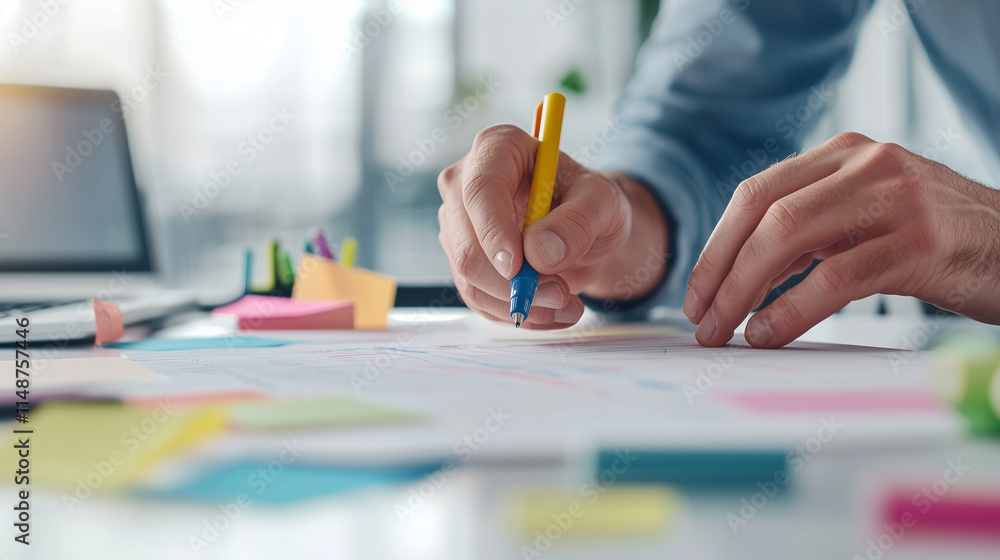 Poster hands holding marker with calendar and notes in modern workspace